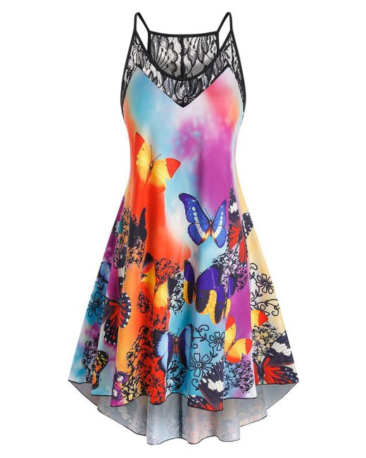 Rosegal Plus Size Butterfly Print Lace Panel High Low Dress - Lyst