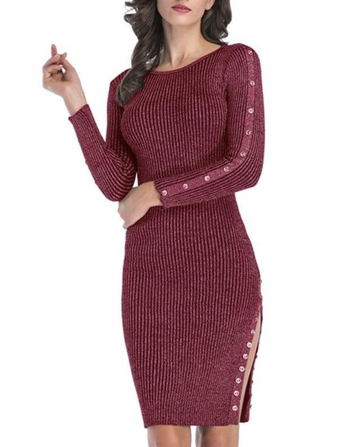 Download Rosegal Ribbed Button Embellished Slit Metallic Thread Dress in Red - Lyst