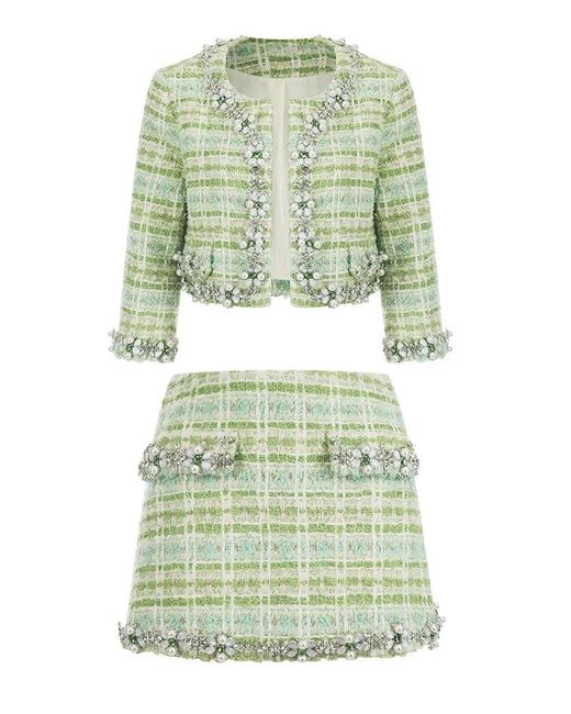 Royal Culture Women's 'nala' Rhinestone Tweed Two Piece Set in Green