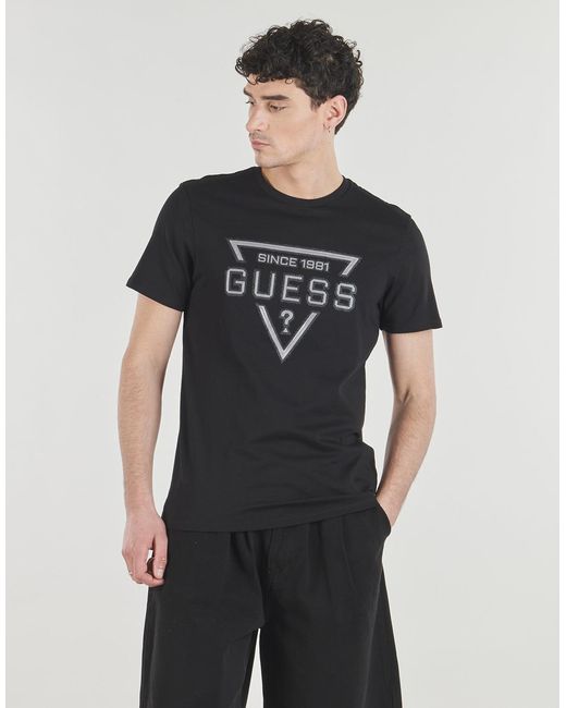 Guess Black T Shirt Ss Bsc Painted Triangle Tee for men