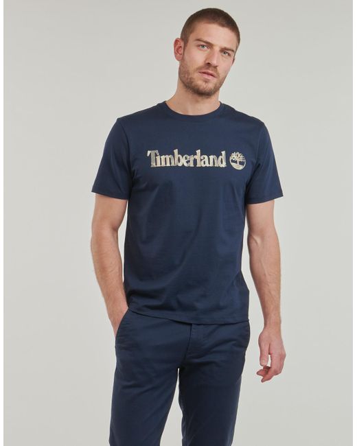Timberland Blue T Shirt Camo Linear Logo Short Sleeve Tee for men