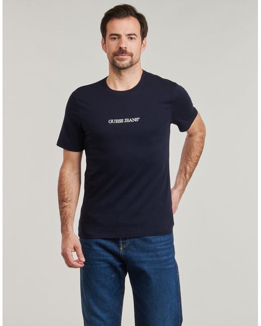 Guess Blue T Shirt Ss Cn Slim Logo Embro Tee for men