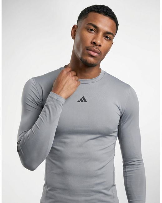 Adidas Gray Sports T-shirts Techfit Compression Training Long Sleeve Long-sleeve Top for men
