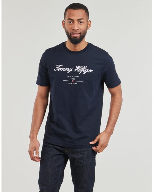 Tommy Hilfiger Blue T Shirt Script Logo Tee for men