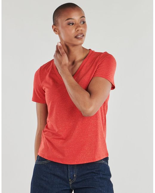 Vila Red T Shirt Viluxi Glitter V-neck