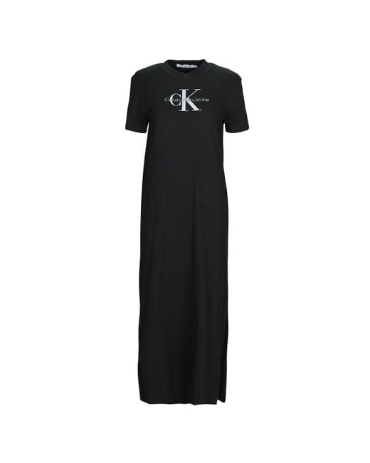 Calvin Klein Black Long Dress Monologo Rib Long T-shirt Dress