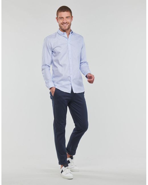 SELECTED Blue Long Sleeved Shirt Ethan Micro Motif Slim Fit for men