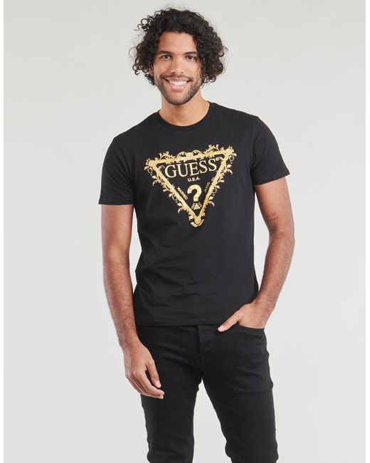 Guess Black T Shirt Ss Bsc Tri Scroll Tee for men