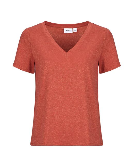 Vila Red T Shirt Viluxi Glitter V-neck