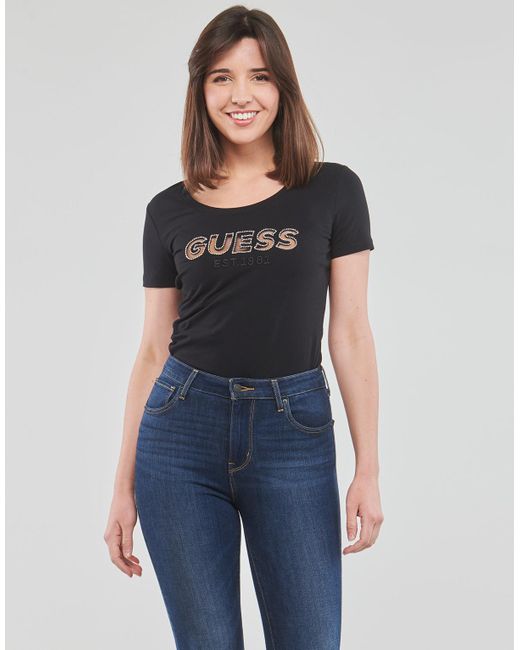 Guess Black T Shirt Ss Rn Mesh Logo Tee