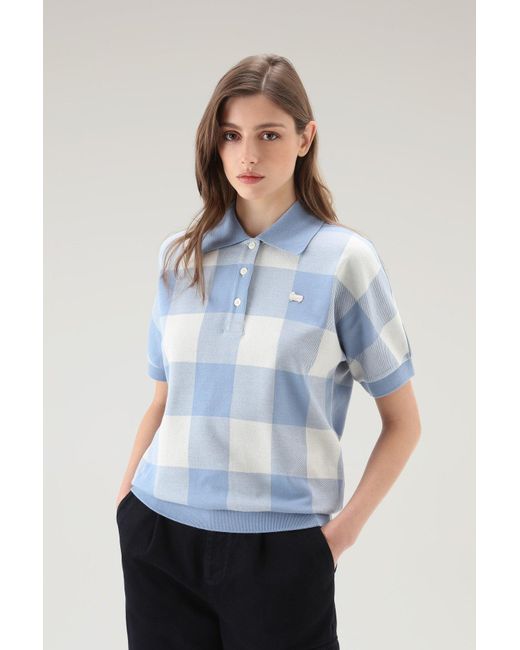 Woolrich Blue Yarn-dyed American Lyst in Cotton Check Pale Indigo In Polo | Stretch Buffalo Blend
