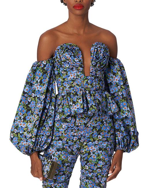 Carolina Herrera Blue Off Shoulder Balloon Sleeve
