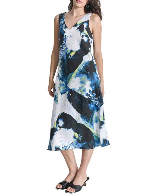 DKNY Blue V-Neck Panel Linen Midi Dress
