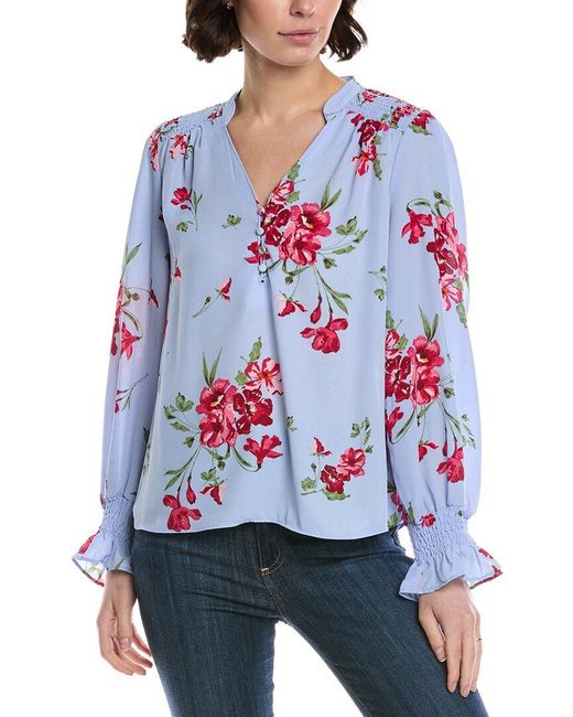Cece White Half Placket Smocked Top