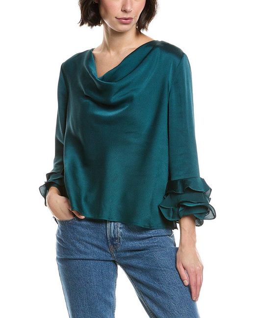Vince Camuto Blue Cowl Neck Tiered Ruffle Sleeve Top