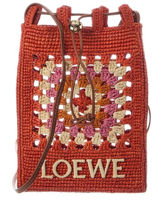 Loewe Red Drawstring Pocket Raffia & Leather Crossbody