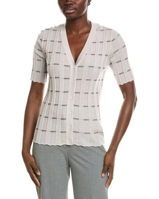 Lafayette 148 New York White Plaited Ribbed Stripe Cashmere Cardigan