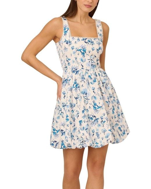 Adrianna Papell Blue Sleeveless Square Neck Balloon Skirt Printed Dress