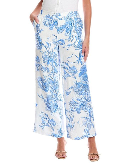 Tahari Blue Print Linen-Blend Pant