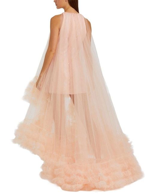 Mac Duggal Natural Tulle High Neck Sleeveless Ruffled Hem Hi-Lo Gown