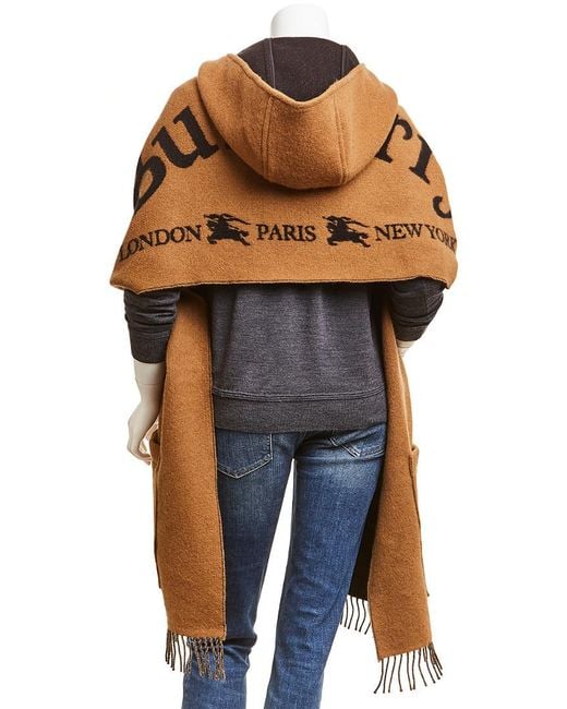Burberry Archive Logo Wool Cashmere blend Hooded Scarf in Brown