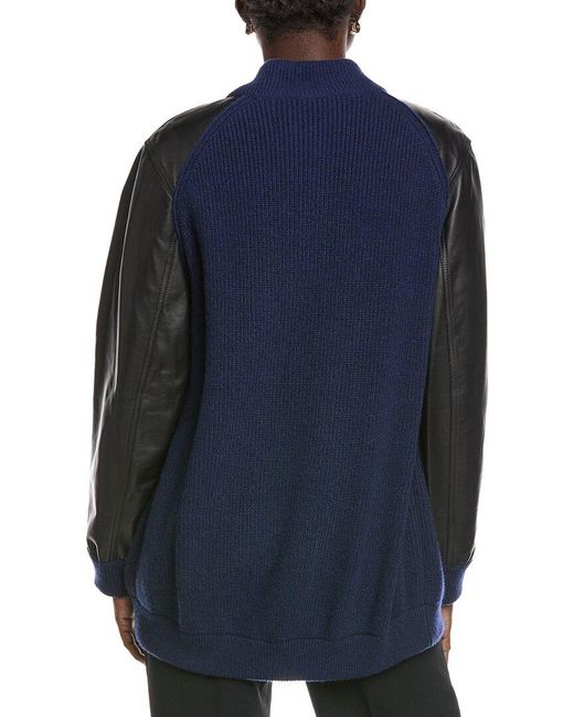 Akris Blue Leather-Sleeve Cashmere Jacket
