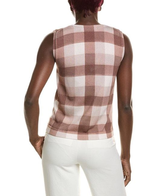 Oscar de la Renta Brown Printed Plaid Twinset Top