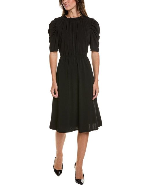 Adrianna Papell Black Moss Crepe Ruffle Neck Midi Dress
