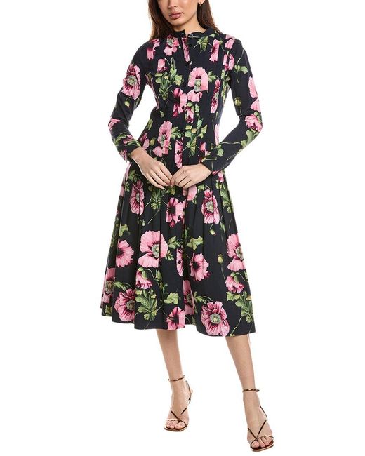 Oscar de la Renta White Button Front Poppies Midi Dress