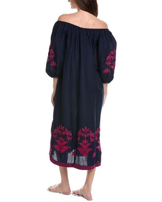 Tommy Bahama Blue St. Lucia Emb Linen-Blend Midi Dress