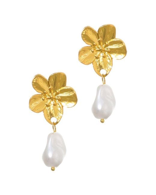 Adornia Metallic Tarnish Resistant 18K Plated Statement Flower With Pearl Drop Earrings