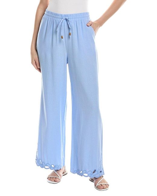 Ellen Tracy Blue Pull On Wide Leg Linen-Blend Pant