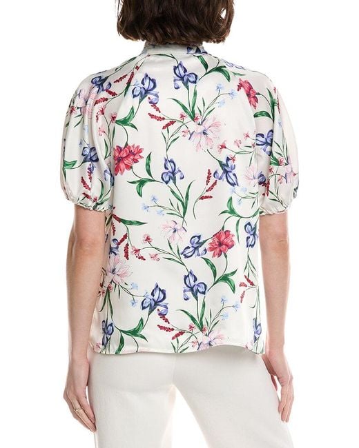 Cece White Ruffle Neck Raglan Seam Split Neck Blouse