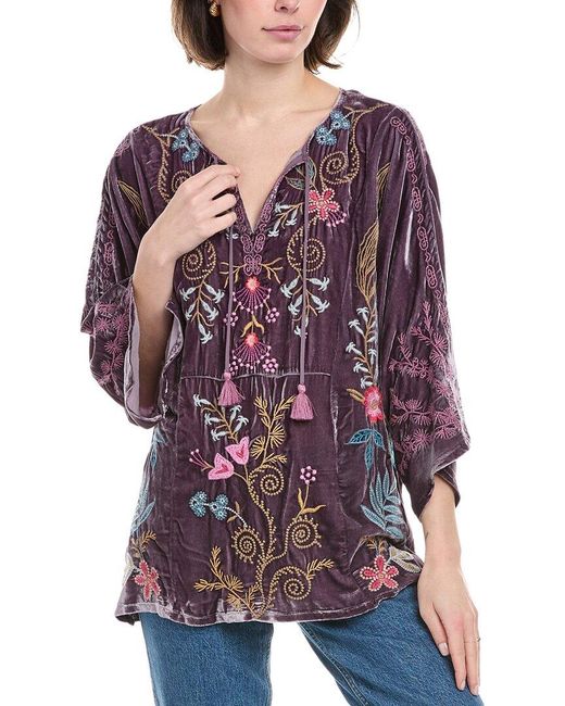 Johnny Was Purple Velvet Kaftan Silk-Blend Blouse