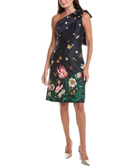 Teri Jon Green Mikado Floral Butterfly One-Shoulder Cocktail Dress