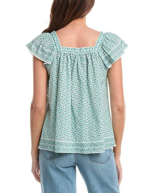 Max Studio Blue Square Neck Flutter Sleeve Blouse