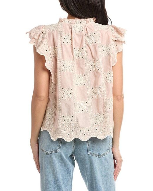 Stellah Blue Lucy Embroidered Split Neck Top