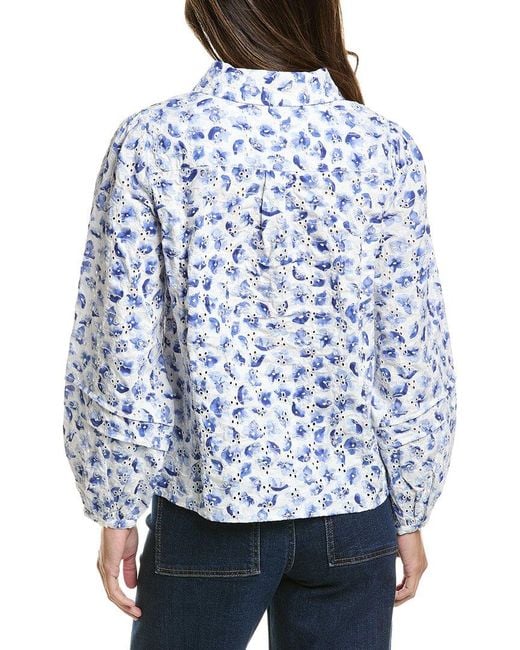 Cece Blue Collared Pintuck Ruffle Button Down Top