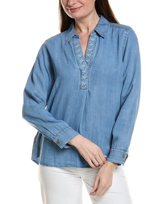 Tommy Bahama Blue Chambray O'Lei Embroidered Linen-Blend Popover Top