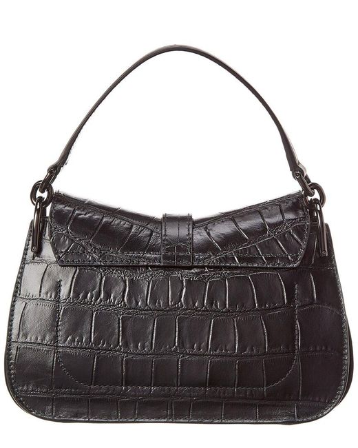 Furla Black Flow Mini Top Handle Croc-embossed Leather & Suede Shoulder Bag