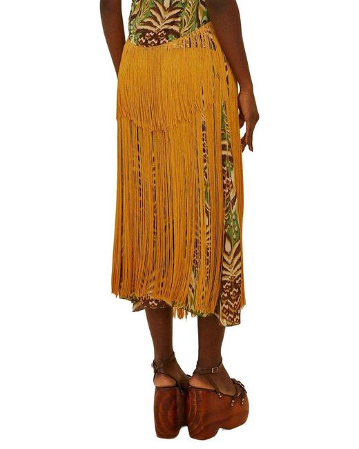 Farm Rio Metallic Pineapple Tapestry Fringe Midi Skirt