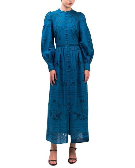 Marchesa Blue Notte Embroidered Cotton Voile Tiered Maxi Dress