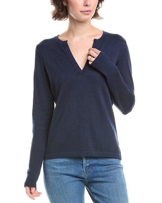 Forte Blue Split Neck Cashmere-Blend Sweater