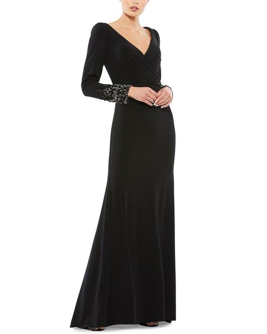 Mac Duggal Black Beaded Cuff Long Sleeve Wrap Over Trumpet Gown