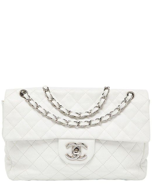 Chanel White Quilted Caviar Leather Maxi Classic Single Double Flap Bag (Authentic Pre-Owned)