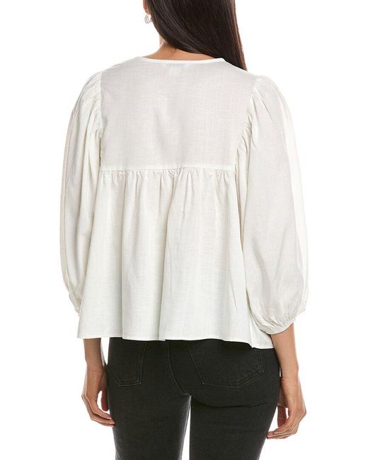 Nanette Lepore White Balloon Sleeve Linen-Blend Blouse