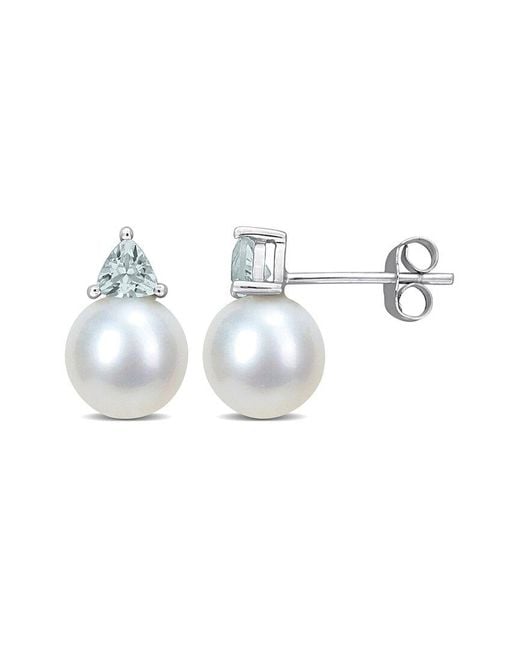 Rina Limor White 10k 0.40 Ct. Tw. Aquamarine & 8-8.5mmmm Pearl Studs