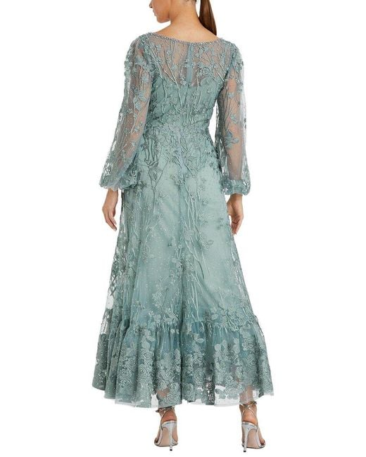 Mac Duggal Blue V-Neck Mech Puff Sleeve A-Line Embellished Dress