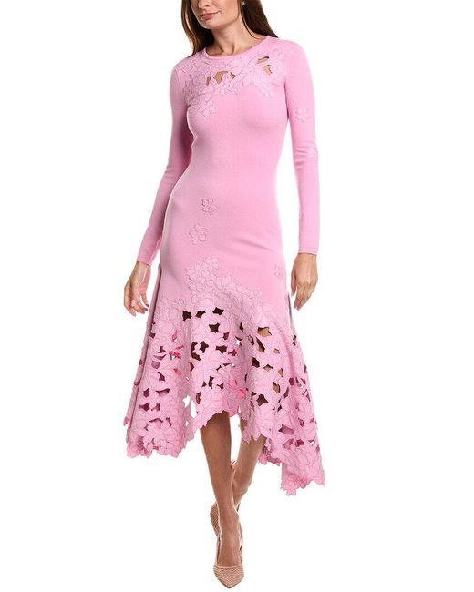 Oscar de la Renta Pink Long Sleeve Lace Hem Drape Knit Maxi Dress