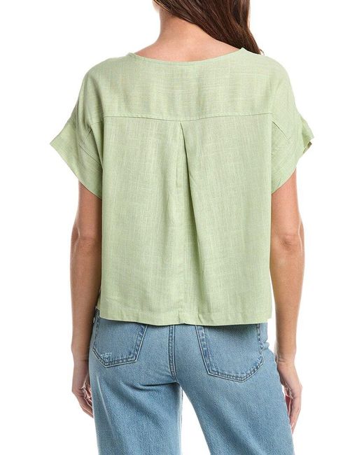 Max Studio Green Short Sleeve Split Neck Linen-Blend Top